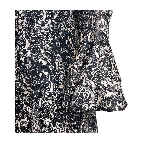Julian Taylor Black White Brocade Dress Bell Sleeve Fit Flare Gothic Baroque - Picture 5 of 11